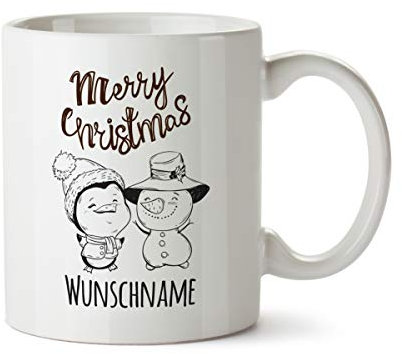 Partycards Personalisierte Tassen zu Weihnachten mit verschiedenen Motiven – Geschenkidee (Schneemann und Pinguin, 300ml)
