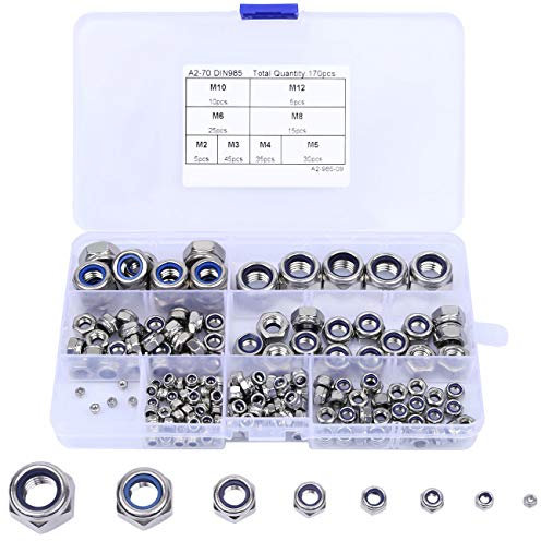 HAUSPROFI 170 Pcs Lock Nuts A2 Stainless Steel Locknut, 8 Sizes M2-M12 Nylon Insert Hex Nut Set with Durable Assortment Box, M2 M3 M4 M5 M6 M8 M10 M12 Assorted Locking Nuts
