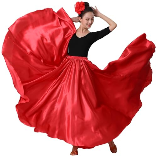Women Full Ankle Length Retro Long Maxi Skirt for Dance Gypsy Costume Church Praise Worship Celebration Party Cosplay (Red)