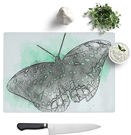 Glass Chopping Board - Mint Green Butterfly Art in Abstract - Textured Worktop Saver Cutting Board - Heat Resistant, Shatterproof and Hygenic - 39 x 28.5 cm