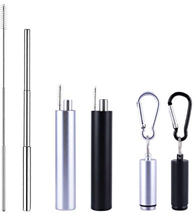 Wolfteeth 2 Pack Pailles Métalliques Télescopiques Réutilisables, Paille à Boire Pliante en Acier Inoxydable Pliable avec étui en métal portable, Brosse de nettoyage télescopique, Noir et Argent 2501