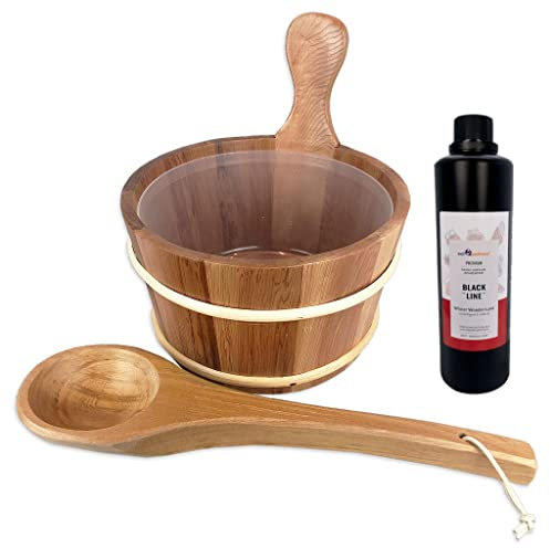 SudoreWell® Sauna Set mit Saunakübel + Saunakelle aus dunklem Red Cedar Holz plus well2wellness Saunaduft Winter Wonder Land