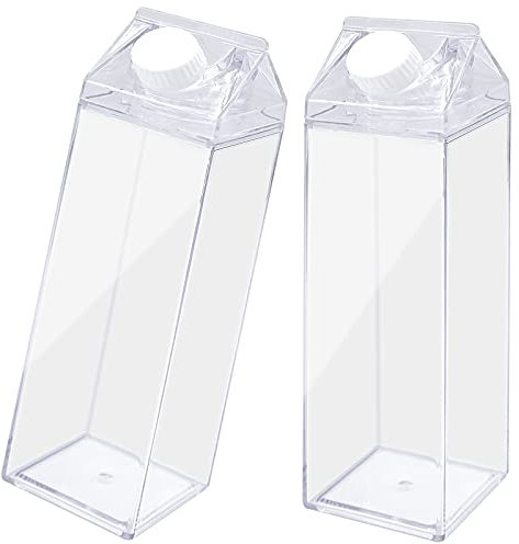 Cisolen 2 Stück Transparente Milchbox Wasserflasche Wiederverwendbar Milchkarton mit DIY Dekoration Aufkleber 500ml Milchbox Flasche Klare Wasserflasche Milchflasche für Milch Getränke Saft