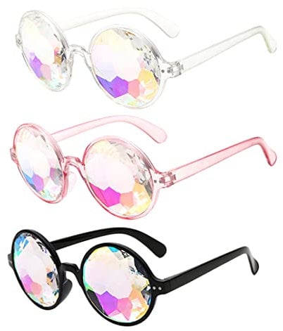 3 Stück Kaleidoskop-Brille, Regenbogenprisma, Sonnenbrille mit Brillentuch, für Rave-Party, Festival, Dekoration, Gastgeschenke