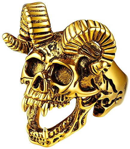 FaithHeart goldener Herren Männer Schaf Ring in Größe 54 Satanischer Ziegenschädel Fingerring Punk Siegelring Biker Ring für Weihnachten Geburtstag