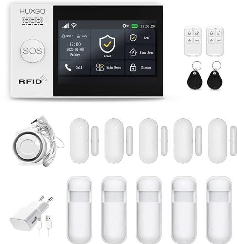HUXGO HXA007 Funk Alarmanlage WiFi + GSM 4G Modul mit 5 Bewegungssensoren 5X Türöffnungsmelder- Bewegungsmelder mit Alarm - Alarmanlage Haus, SMS-Benachrichtigungen, Steuerung vom Telefon aus