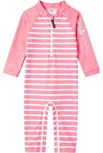 weVSwe Maillot De Bain Bébé UPF 50+ Protection Solaire Rash Guard avec Entrejambe Fermeture Éclair Maillot De Bain Rayures Roses 12-18 Mois