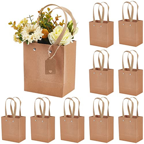 NBEADS 10 Stück Kraftpapier Geschenktüten, 15x13x8 cm Blumentüten Mit Griff Floristen Blumenstrauß Verpackungstüten Rechteckige Tragetaschen Mit Preisschildern Für Blumenladen Weihnachten Hochzeit