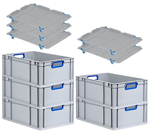 PROREGAL SuperSparSet 5x Eurobox NextGen Color mit Auflagedeckel & Schiebeschnappverschlüsse, HxBxT 22x40x60cm, 44L, Griffe blau offen, Verstärkter Boden, Eurobehälter Transportbox Transportbehälter