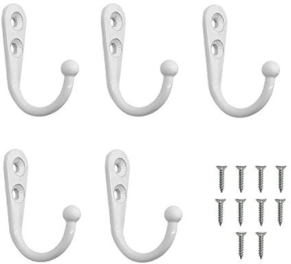 ALLY-MAGIC Coat Hooks, 5 Pcs Single Prong Robe Hooks with 10 Screws Wall Mounted Clothes Hooks Metal Robe Hooks for Kitchen Bathroom Y6-BGYG (White)