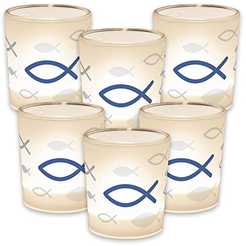 6er itenga Windlicht Teelicht Set 6x6cm Fisch blau Geschenk Deko Kerze Kommunion Konfirmation Taufe