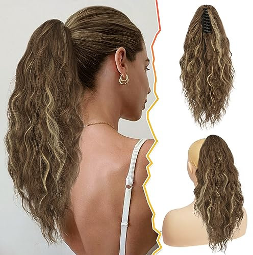 BARSDAR Klauen Clip Pferdeschwanz Verlängerung, 45 cm Lange Lockige Wellige Clip in Pferdeschwanz Haarverlängerungen Natürliche Synthetische Haarteile Ponytail Extension für Frauen