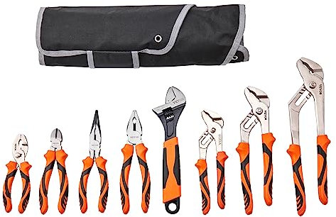 VEVOR Set di Pinze 8 Pezzi Durezza di 42HRC in Acciaio 45# con Borsetta Portatile, Set Pinze da 8 Pezzi Pinza per Giunti Scorrevole Pinza a Becco Lungo Taglierina Diagonale Pinza per Giunti Scanalati