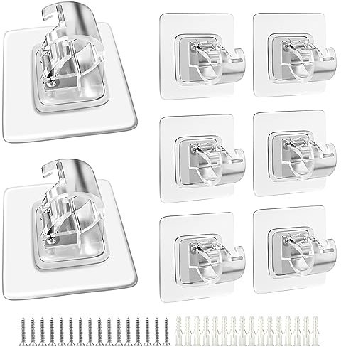 8Pcs Self Adhesive Curtain Rod Bracket with Screw, No Drill Adjustable Curtain Rod Holders Trasparent Curtain Pole Wall Brackets No Drilling Drapery Hooks Fixing Rod Holder for Home Kitchen Bathroom