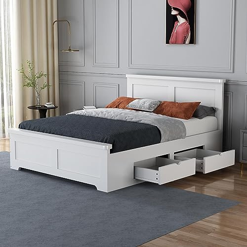 Save On Goods UK 4 drawer storage, Solid,strong,white painted wood bed frame.Wooden bedstead (5ft King Size)