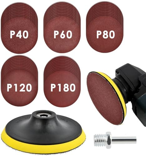 BATINO 50Pcs 125mm Sanding Discs with Hook and Loop Backing Pad M10 Threads, Angle Grinder Drill Sanding Attachment Sander, 40/60/80/120/180 Grits Sanding Pads for Wood Metal Car Polishing