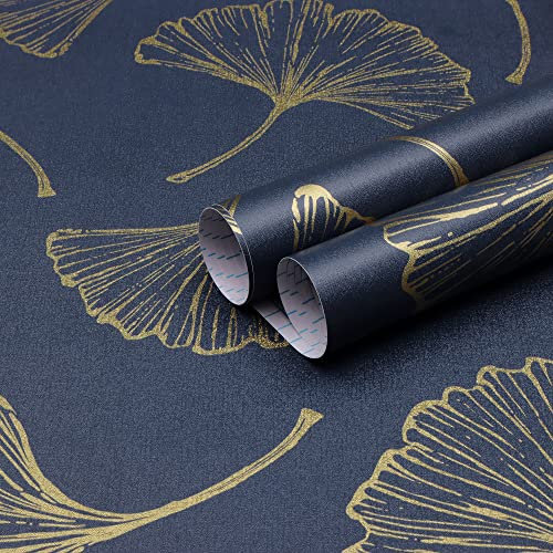 Yomshi Gold Ginkgo Leaf Pattern Self Adhesive Wallpaper Dark Blue Wallpaper 44cm X 6m Thicken Peel and Stick Vinyl Roll Floral Leaves Wallpaper Removable Waterproof Furniture Sticker for Walls