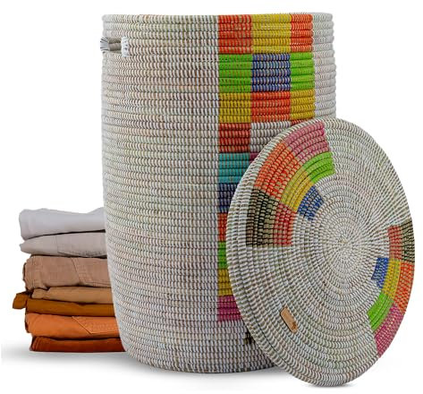 YAADU Wäschekorb mit Deckel 80L – Großer Wäschesammler mit Deckel, Geflochtene Wäschetonne, Boho Wäschekorb mit Henkeln, Wäschebehälter für Schmutzwäsche, Modell Mafory (Bunte-Rechtecke-Flach)