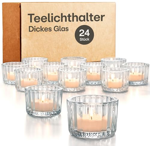Praknu 24 Teelichthalter Glas Kerzenhalter Gold - Ø 5,5cm Elegante Teelichtgläser als Tischdekoration Hochzeit oder Geburtstagsfeie