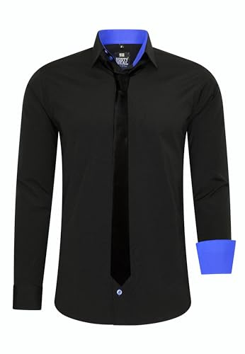 Rusty Neal Herren-Hemd Premium Slim Fit Langarm Stretch Kontrast Hemd mit Krawatte Business-Hemden Outfit Freizeithemd Set 44_99, Größe:6XL, Farbe:Schwarz/Sax