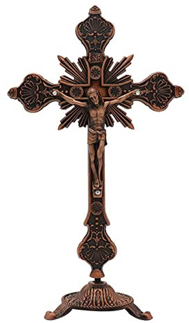 Stehendes Kruzifix Aus Metall für Katholische, Christliche Dekoration Und Zuhause, 25,4 cm, Antik Rot