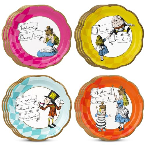 Mesas de conversación | 12 x | 23 cm | Platos de Alicia en el País de las Maravillas, vajilla desechable, suministros reciclables para el hogar para fiesta de sombrerero loco, cumpleaños, tés de