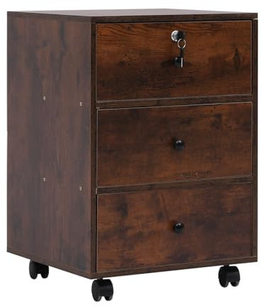 nozama Mobile File Cabinet with Rolling Wheels &Lock, Mobile File Cabinet, Bedside Cabinet Printer Stand Storage Under Desk Wood Filing Cabinet with Drawer for Bedroom Living Room (3 Drawers Brown)