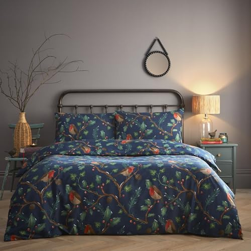 Portfolio Home Dalby Robins Holly Navy Super King Soft Easy Care Bed Linen Bedding Duvet Cover Quilt Set With Pillow Cases