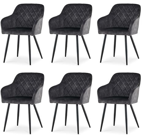 CLIPOP Esszimmerstühle 6er Set, Küchenstuhl Samt Bezug Wohnzimmerstuhl Polsterstuhl mit Armlehne Metallbeine Polstersessel Stuhl für Esszimmer Wohnzimmer Küche (6, Samt Kohlenstoffgrau)