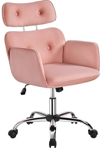 Yaheetech Poltrona da Salotto in Velluto con Poggiatesta Regolabile Design Moderno, Poltroncina Imbottita Girevole con Ruote per Studio, Camera da Letto,Soggiorno Rosa
