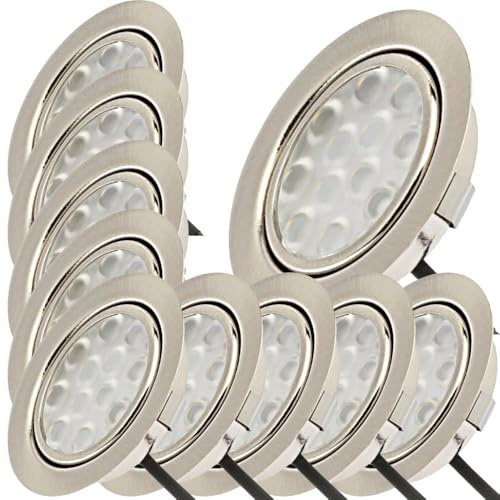 Lichtfaktor24 Möbeleinbauleuchten 65mm LED 12V super flach 10 x 3W Einbaustrahler Leonie inkl. Kabel mit Mini Stecker 3000K Warmweiß Lochausschnitt: 55 bis 60mm Ohne LED Trafo, Möbel, Wohnmobil usw.