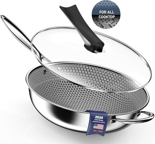 Kiseely Padella Wok, Wok ibrido per friggere da 34cm con coperchio, Wok antiaderente con manico Stay-Cool, compatibile con tutti i piani cottura compresi quelli a induzione (AK1)