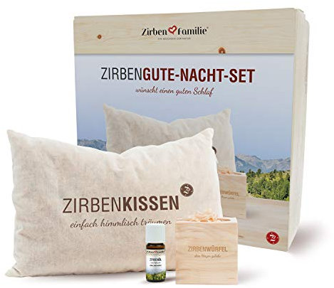 Zirben Familie® Gute-Nacht-Set | ZirbenKissen mit ZirbenWürfel und ZirbenÖl | Zierkissen gefüllt mit ZirbenFlocken ohne Staub oder Sägespäne | Duftkissen zum schlafen