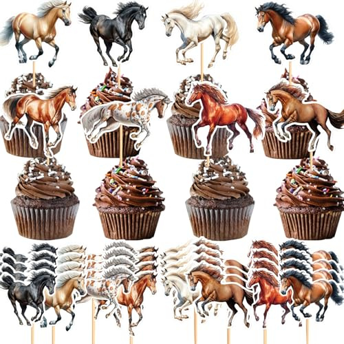 qingmeng 32 Stück Pferde Geburtstagsdeko, Tortendeko Pferd Tortenaufleger Pferd Mädchen Junge Cupcake Topper Muffin Topper Pferde Party Servietten Kuchen Torte Deko Kindergeburtstag Tischdeko