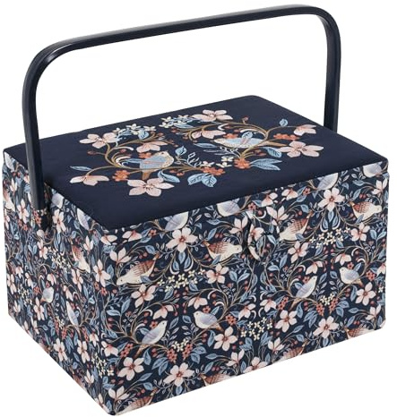 Hobby Gift Large sewing box - Birds in flowers made of embroidered cotton fabric with plastic handle, hard plastic inner tray with compartments, pin holder 23.5x31x20cm