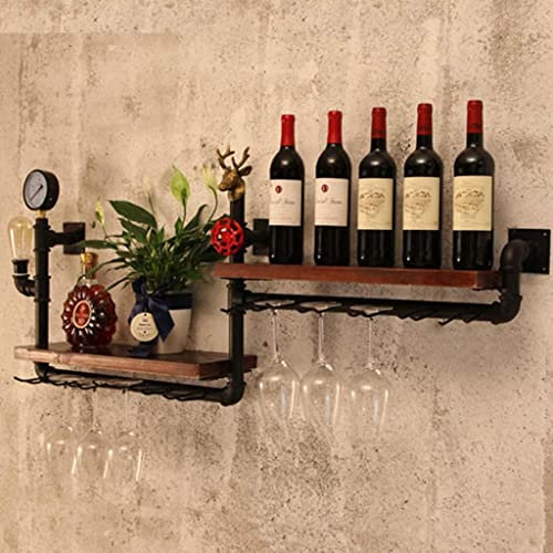 Rack à vin, porte-vin en métal mural monté en métal en verre de vin étagère de vile à vide suspendu en bois étagère flottante étagère industrielle antique décorative rack avec lampe pour la cave à