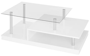 möbelando Couchtisch >Memphis< 110 cm, weiß Hochglanz Sicherheitsglas, silbernes Edelstahlgestell, MDF Ablage, auf verdeckten Rollen, 36 cm hoch, modernes Design, zerlegt geliefert, stabil
