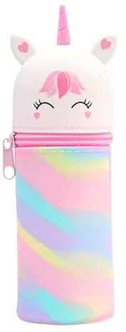 deegbbyi Federmäppchen, 2 in 1 Weiche Silikontasche Kawaii Federmäppchen | Rosa Dehnbar Federmäppchen Einhorn, Standmäppchen Federtasche mit Reißverschluss Cartoon Mäppchen für Schülerin Teenager