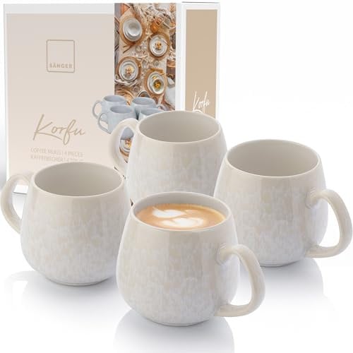 Sänger | Tassen Set Korfu 4 tlg, Espressotassen 4 Personen, Steingut Tasse Handmade, Teetassen Set Spülmaschinenfest, Kaffeebecher, Kaffeetassen Set Creme Farben mit Sandiger Maserung | 150 ml