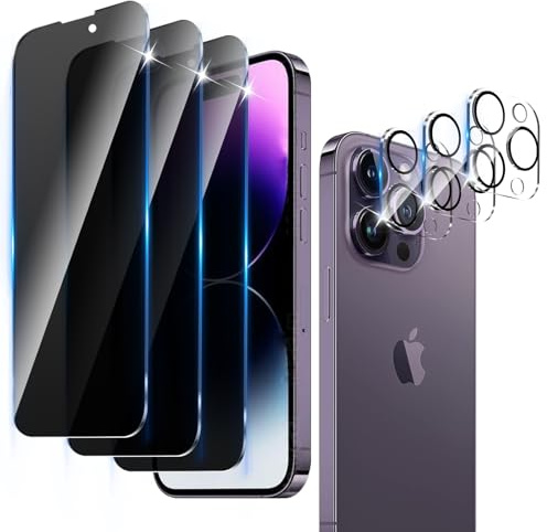 LZAYN 3+3 Pack Privacy Screen Protector for iPhone 14 Pro Max | with Camera Lens Protector,Anti-Spy Tempered Glass Film,9H Hardness,Anti-Scratch,Bubble Free,Easy Installation
