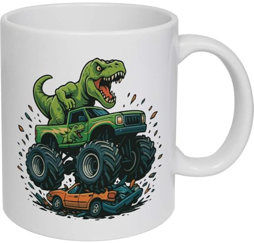 Azeeda 'Dinosaur Monster Truck' Ceramic Mug - 320ml (11oz) (MG00090990) | Coffee / Tea Cup for Home, Office, Hot Drinks and Gifts