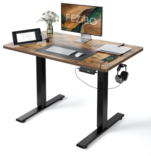 FEZIBO Höhenverstellbarer Schreibtisch 120x60cm USB-C&USB-A Ladeanschl | Schreibtisch Höhenverstellbar Elektrisch, 72–118cm Hub, 80kg Tragkraft, Memory-Funktion mit 3 Höhen, Steh-Sitz Tisch, Braun