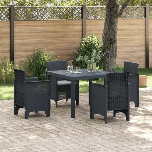 IBUQDDV 5-TLG. Garten-Essgruppe mit Kissen Anthrazit Poly Rattan, 4 Stühle und Tisch Set aus strapazierfähigem Kunststoff, wasserdicht und UV-beständig für Terrasse, Robustes