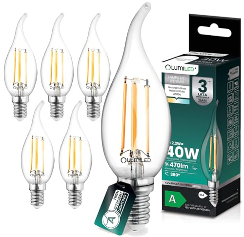 Lumiled LED Kerzenlampe BA35 E14 Flammspitze Ultraeffizient Energieklasse A 2.2W 470lm Ersatz 40W 4000K Neutralweiß Filament Klarglas 360° Abstrahlwinkel Nicht Dimmbar 6er Set