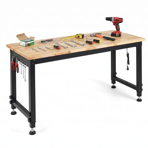 COSTWAY 122 cm schwerlast Werkbank, höhenverstellbarer Arbeitstisch mit Metallrahmen, Lochwand, Steckdose & 2,5 cm Massivholzplatte, Werktisch für Werkstatt, Garage & Zuhause, bis 900 kg blastbar
