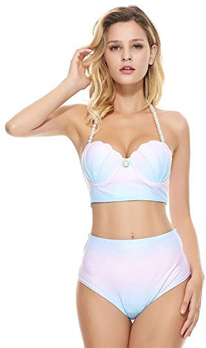 Beachkini ange filles maillot de bain sirène coquille dégradé couleur bikinis robe maillots de bain,Bleu,M