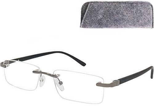 Randlose Lesebrille mit rechteckigen Gläsern - mit Gratis Etui, Edelstahl Rahmen (Schwarz), Lesehilfe Herren und Damen +2.0 Dioptrien