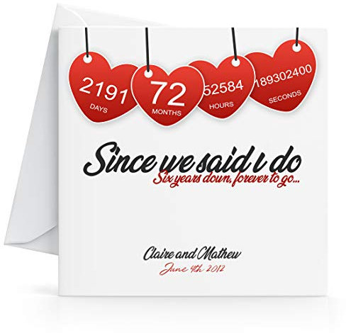 Personalised 6th Wedding Anniversary Card Printed Hearts for Wife or Husband
