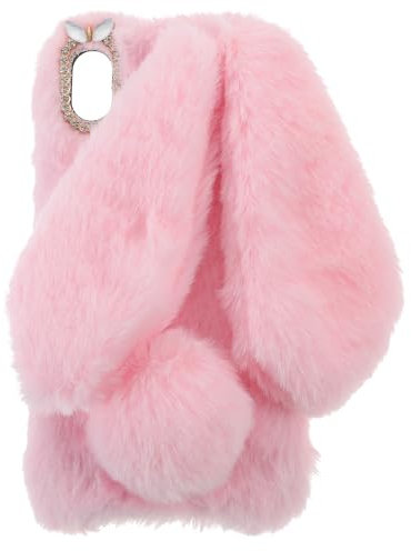 Fluffy Bunny Ear Phone Case for XR, Warm Smooth Cover with Sparkly Diamond, TPU Soft Phone Shell Protective Case, Anti-Shock Protective Case for Winter (XR Pink)