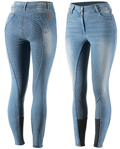 HORZE Damen Reithose Kaia, High Waist Jeansreithose mit Silikonvollbesatz, Blau, 40
